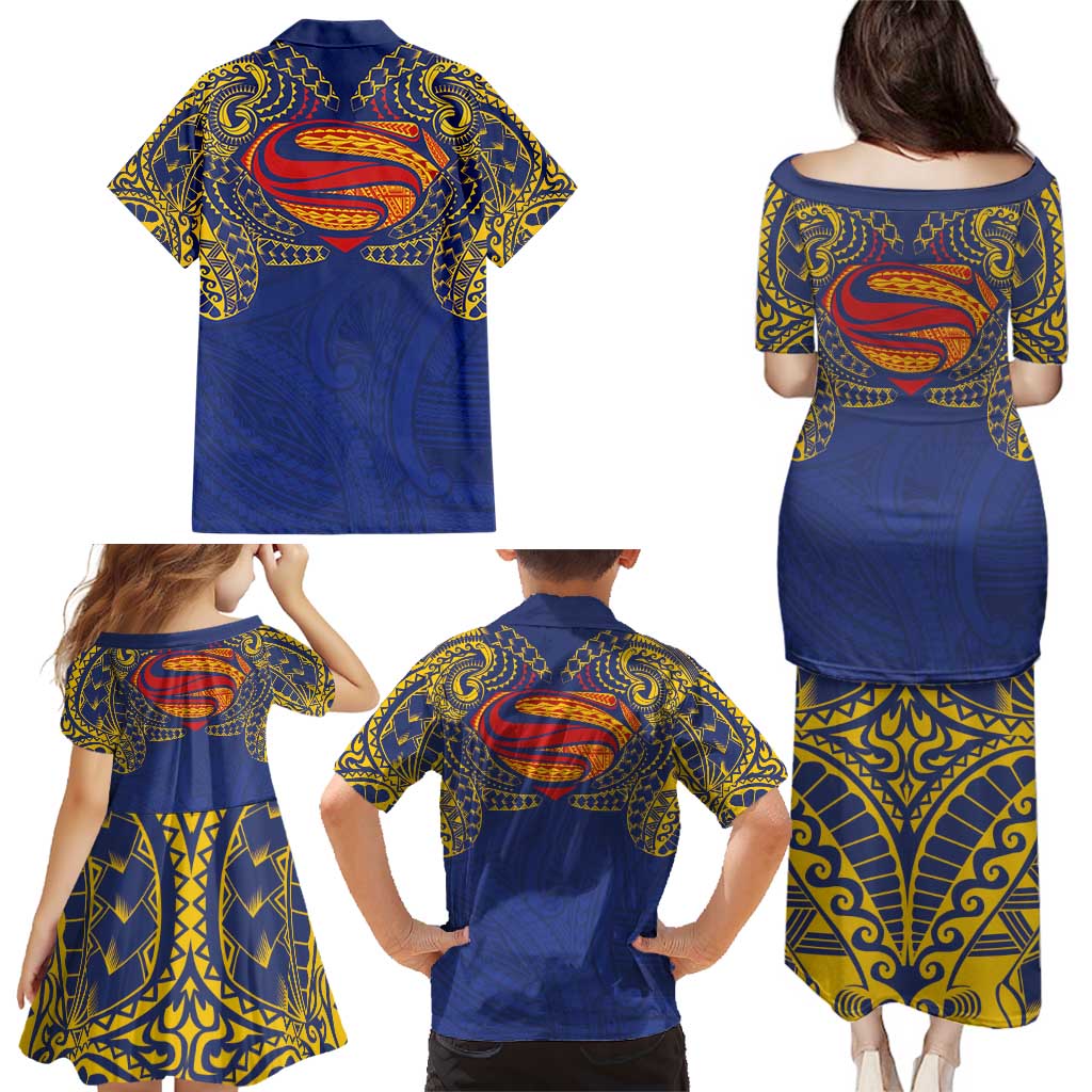 Super Samoan Traditional Tribal Art Tattoos Family Matching Puletasi and Hawaiian Shirt Blue Color LT03 - Polynesian Pride