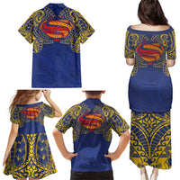 Super Samoan Traditional Tribal Art Tattoos Family Matching Puletasi and Hawaiian Shirt Blue Color LT03 - Polynesian Pride