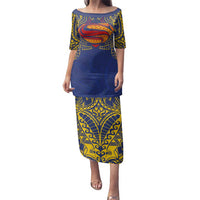 Super Samoan Traditional Tribal Art Tattoos Family Matching Puletasi and Hawaiian Shirt Blue Color LT03 Mom's Dress Blue - Polynesian Pride