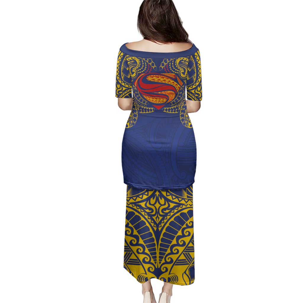 Super Samoan Traditional Tribal Art Tattoos Family Matching Puletasi and Hawaiian Shirt Blue Color LT03 - Polynesian Pride