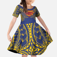 Super Samoan Traditional Tribal Art Tattoos Family Matching Short Sleeve Bodycon Dress and Hawaiian Shirt Blue Color LT03 Daughter's Dress Blue - Polynesian Pride