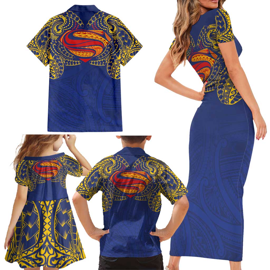 Super Samoan Traditional Tribal Art Tattoos Family Matching Short Sleeve Bodycon Dress and Hawaiian Shirt Blue Color LT03 - Polynesian Pride