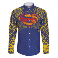 Super Samoan Traditional Tribal Art Tattoos Family Matching Short Sleeve Bodycon Dress and Hawaiian Shirt Blue Color LT03 Dad's Shirt - Long Sleeve Blue - Polynesian Pride