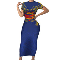Super Samoan Traditional Tribal Art Tattoos Family Matching Short Sleeve Bodycon Dress and Hawaiian Shirt Blue Color LT03 Mom's Dress Blue - Polynesian Pride