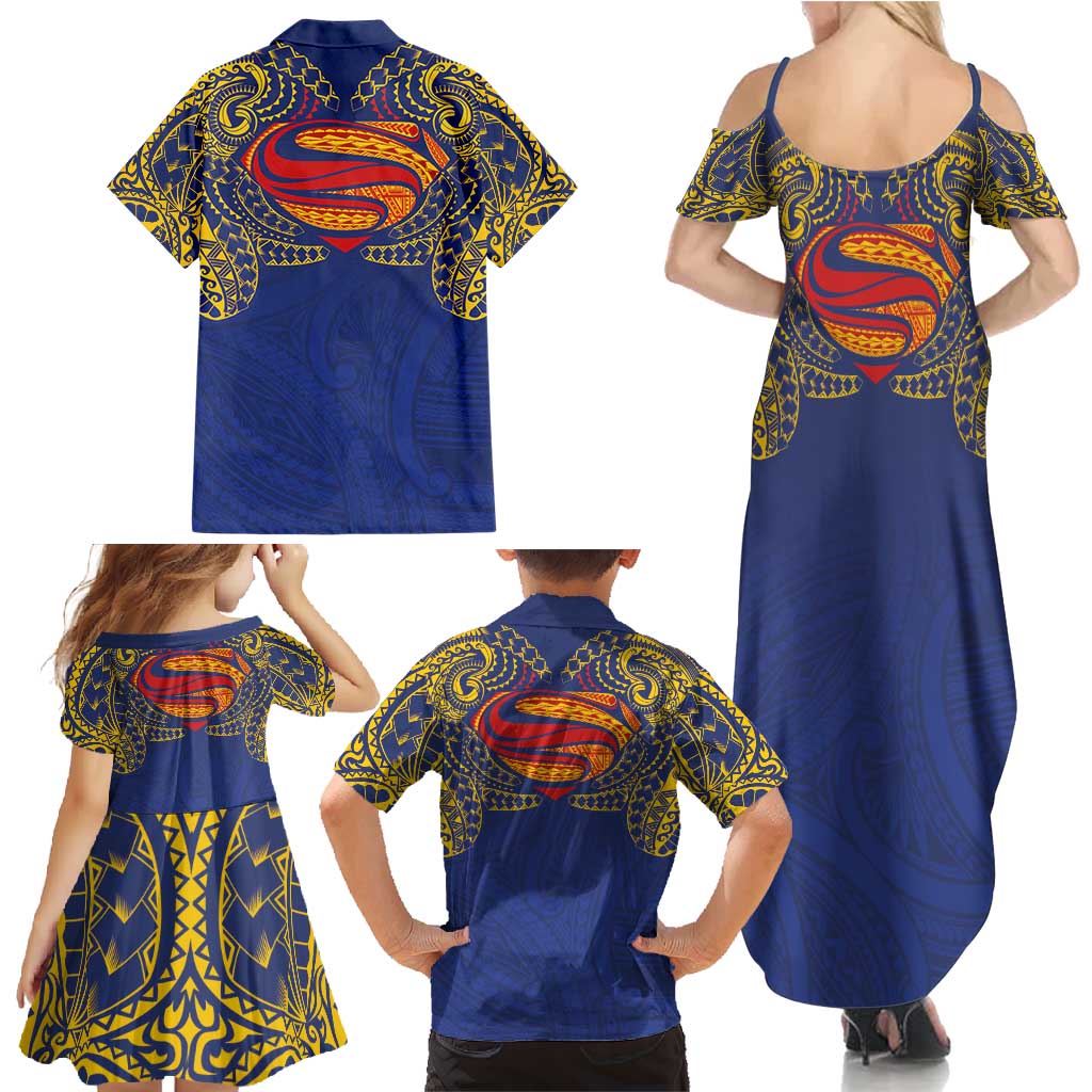 Super Samoan Traditional Tribal Art Tattoos Family Matching Summer Maxi Dress and Hawaiian Shirt Blue Color LT03 - Polynesian Pride