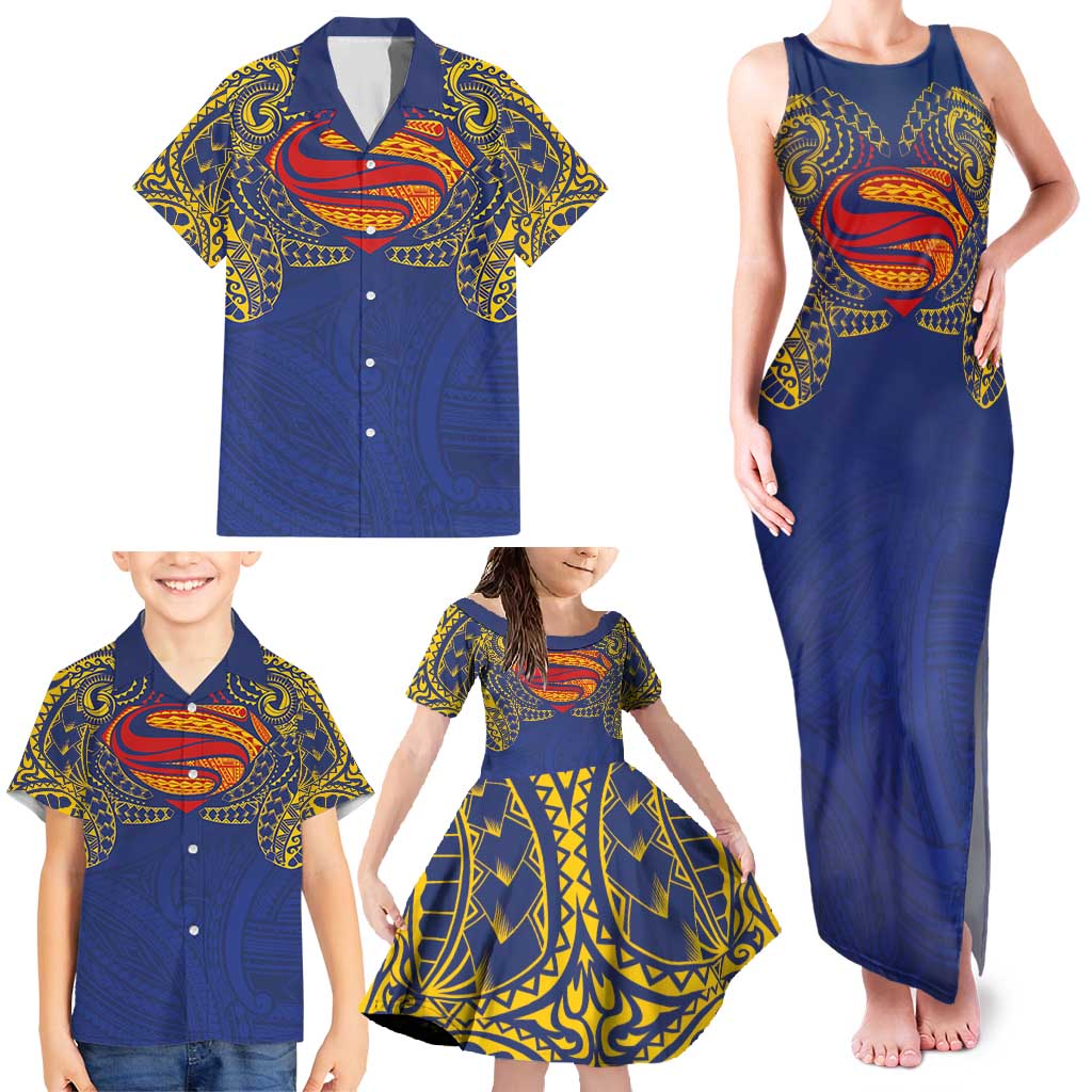 Super Samoan Traditional Tribal Art Tattoos Family Matching Tank Maxi Dress and Hawaiian Shirt Blue Color LT03 - Polynesian Pride