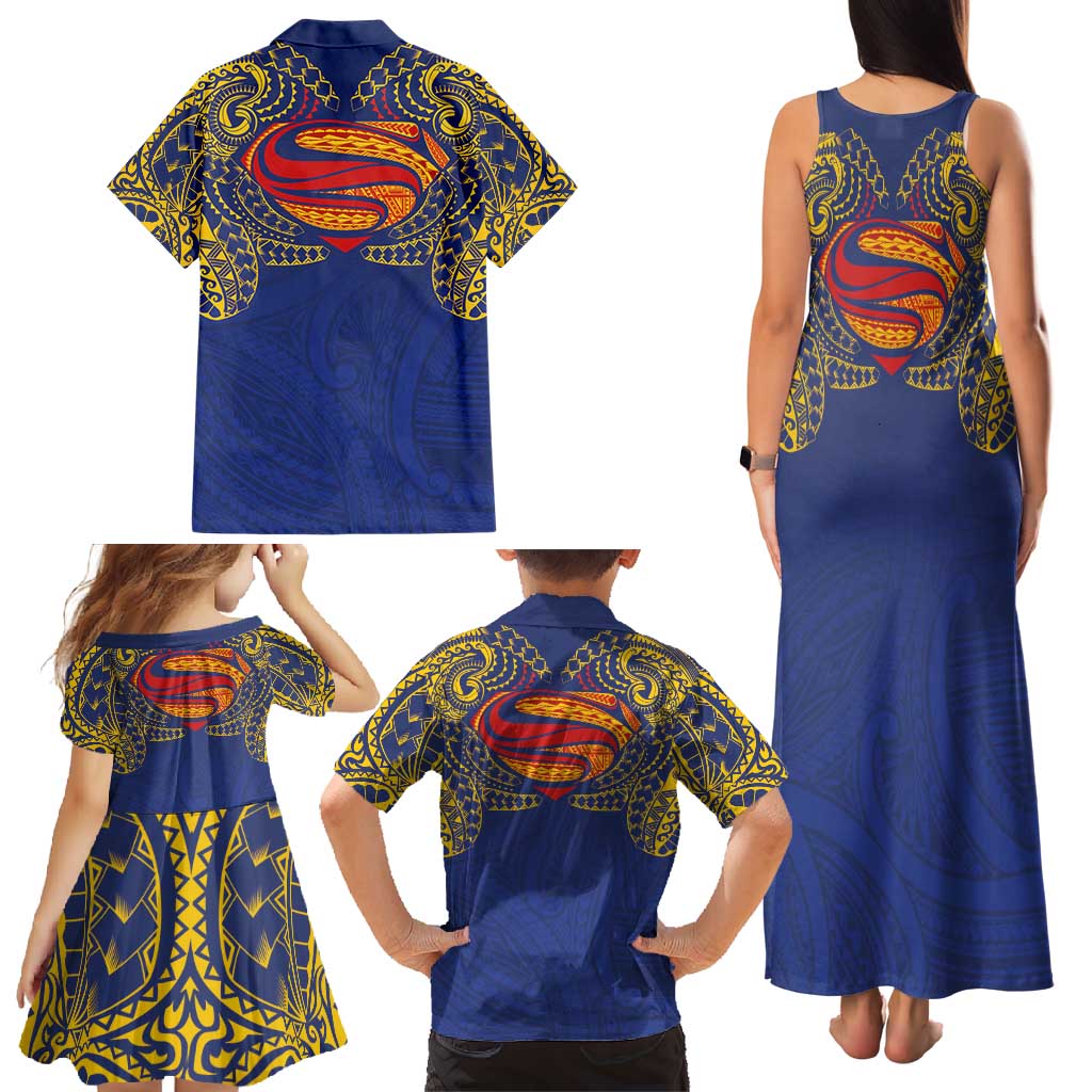 Super Samoan Traditional Tribal Art Tattoos Family Matching Tank Maxi Dress and Hawaiian Shirt Blue Color LT03 - Polynesian Pride