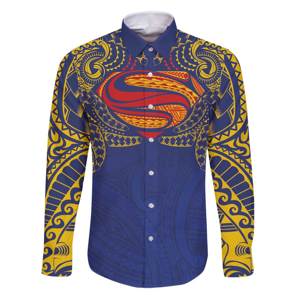 Super Samoan Traditional Tribal Art Tattoos Family Matching Tank Maxi Dress and Hawaiian Shirt Blue Color LT03 Dad's Shirt - Long Sleeve Blue - Polynesian Pride
