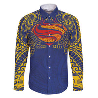 Super Samoan Traditional Tribal Art Tattoos Family Matching Tank Maxi Dress and Hawaiian Shirt Blue Color LT03 Dad's Shirt - Long Sleeve Blue - Polynesian Pride