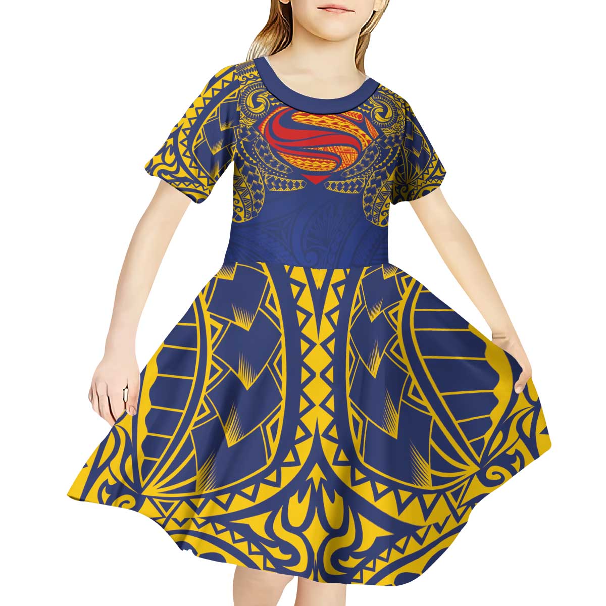 Super Samoan Traditional Tribal Art Tattoos Kid Short Sleeve Dress Blue Color - Polynesian Pride