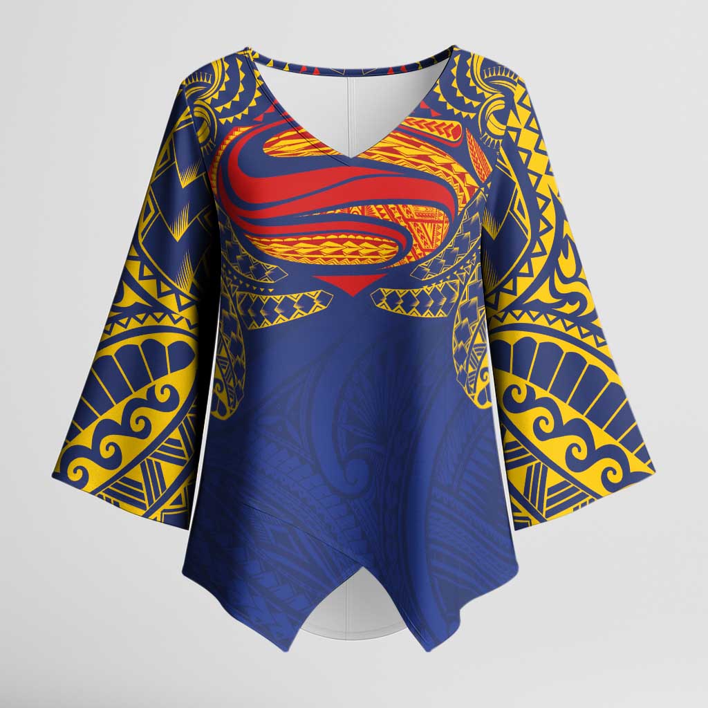 Super Samoan Traditional Tribal Art Tattoos Kimono Sleeve Blouse Blue Color LT03 Female Blue - Polynesian Pride