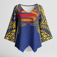 Super Samoan Traditional Tribal Art Tattoos Kimono Sleeve Blouse Blue Color LT03 Female Blue - Polynesian Pride