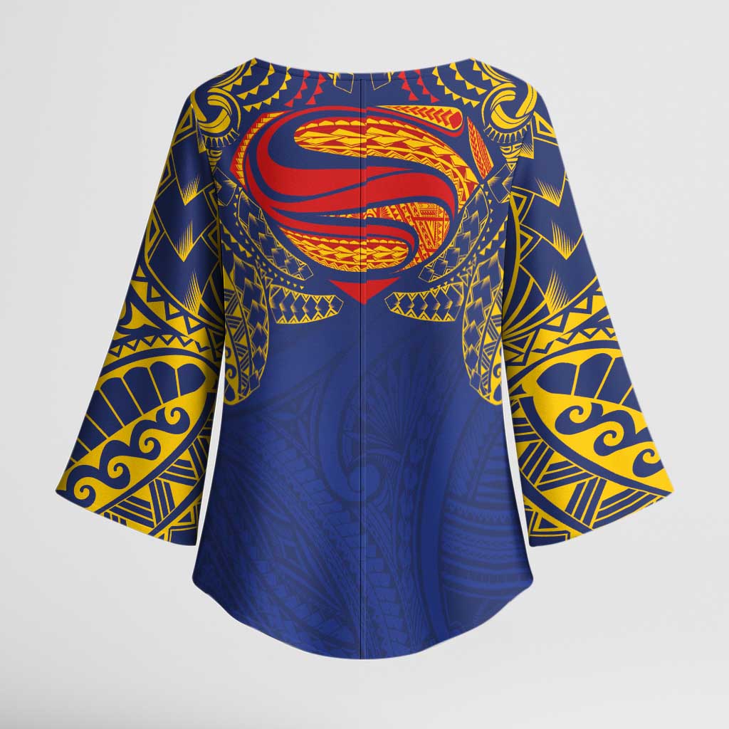 Super Samoan Traditional Tribal Art Tattoos Kimono Sleeve Blouse Blue Color LT03 - Polynesian Pride