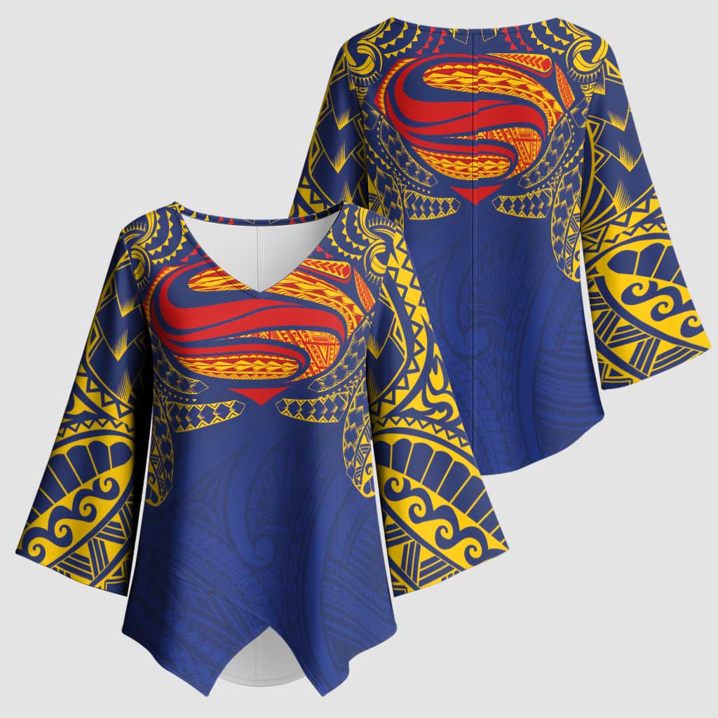 Super Samoan Traditional Tribal Art Tattoos Kimono Sleeve Blouse Blue Color LT03 - Polynesian Pride