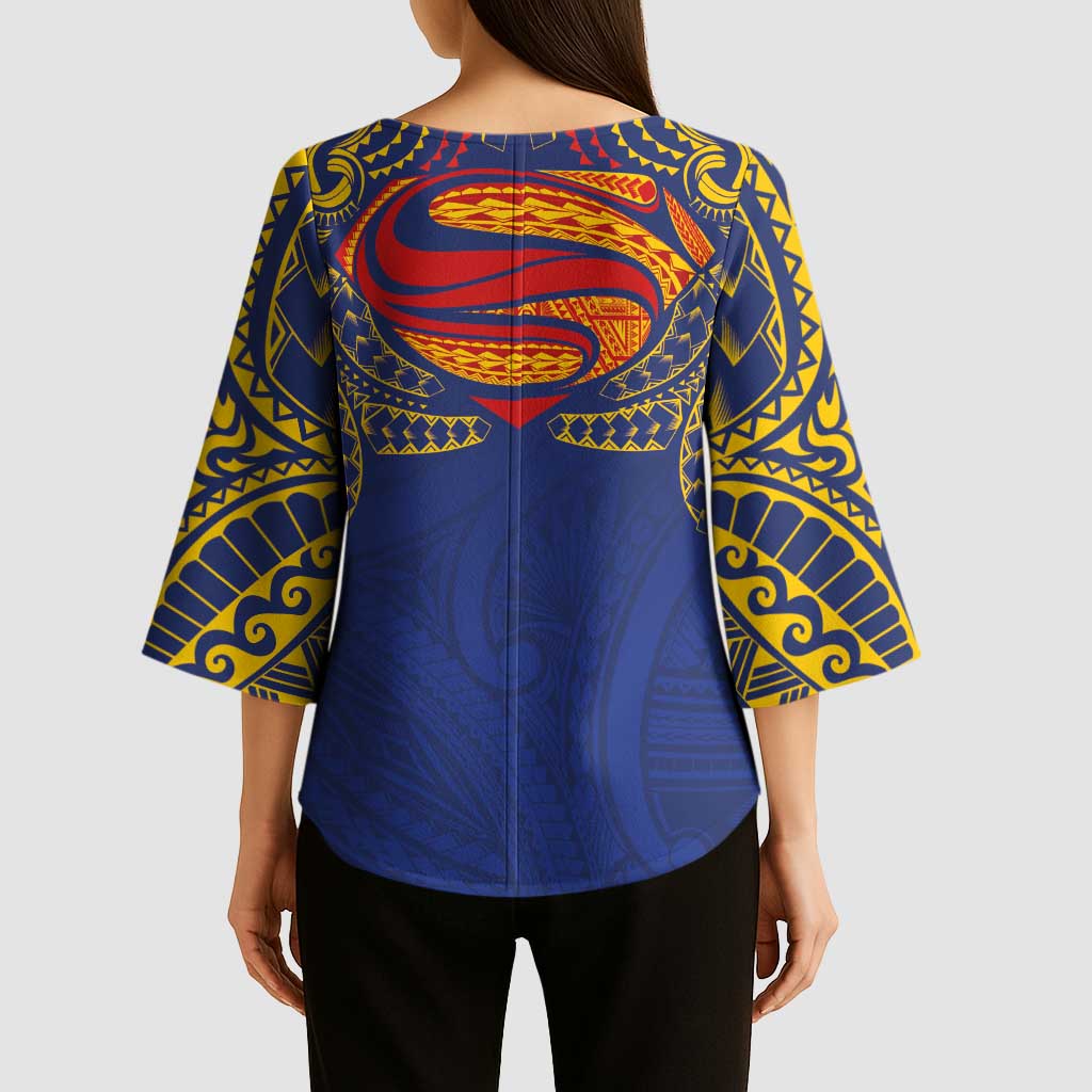 Super Samoan Traditional Tribal Art Tattoos Kimono Sleeve Blouse Blue Color LT03 - Polynesian Pride