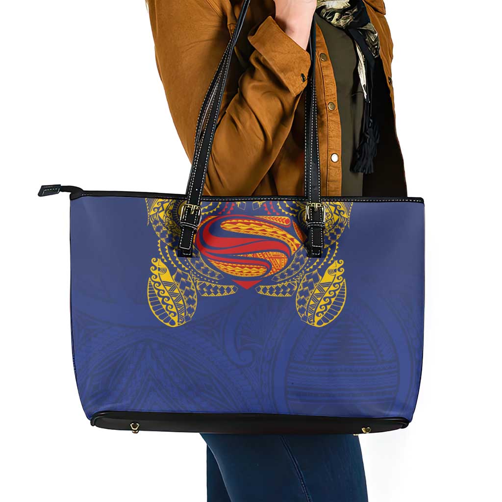 Super Samoan Traditional Tribal Art Tattoos Leather Tote Bag Blue Color - Polynesian Pride