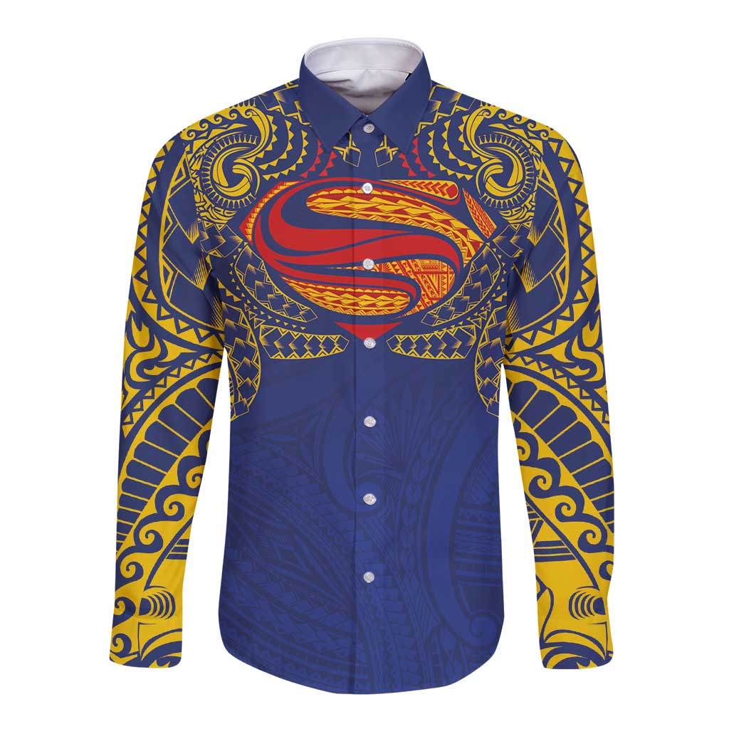 Super Samoan Traditional Tribal Art Tattoos Long Sleeve Button Shirt Blue Color LT03 Unisex Blue - Polynesian Pride