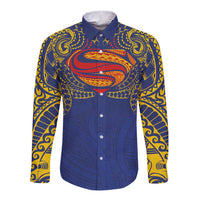 Super Samoan Traditional Tribal Art Tattoos Long Sleeve Button Shirt Blue Color LT03 Unisex Blue - Polynesian Pride