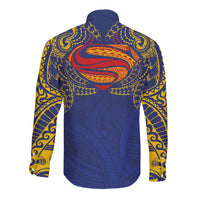 Super Samoan Traditional Tribal Art Tattoos Long Sleeve Button Shirt Blue Color LT03 - Polynesian Pride