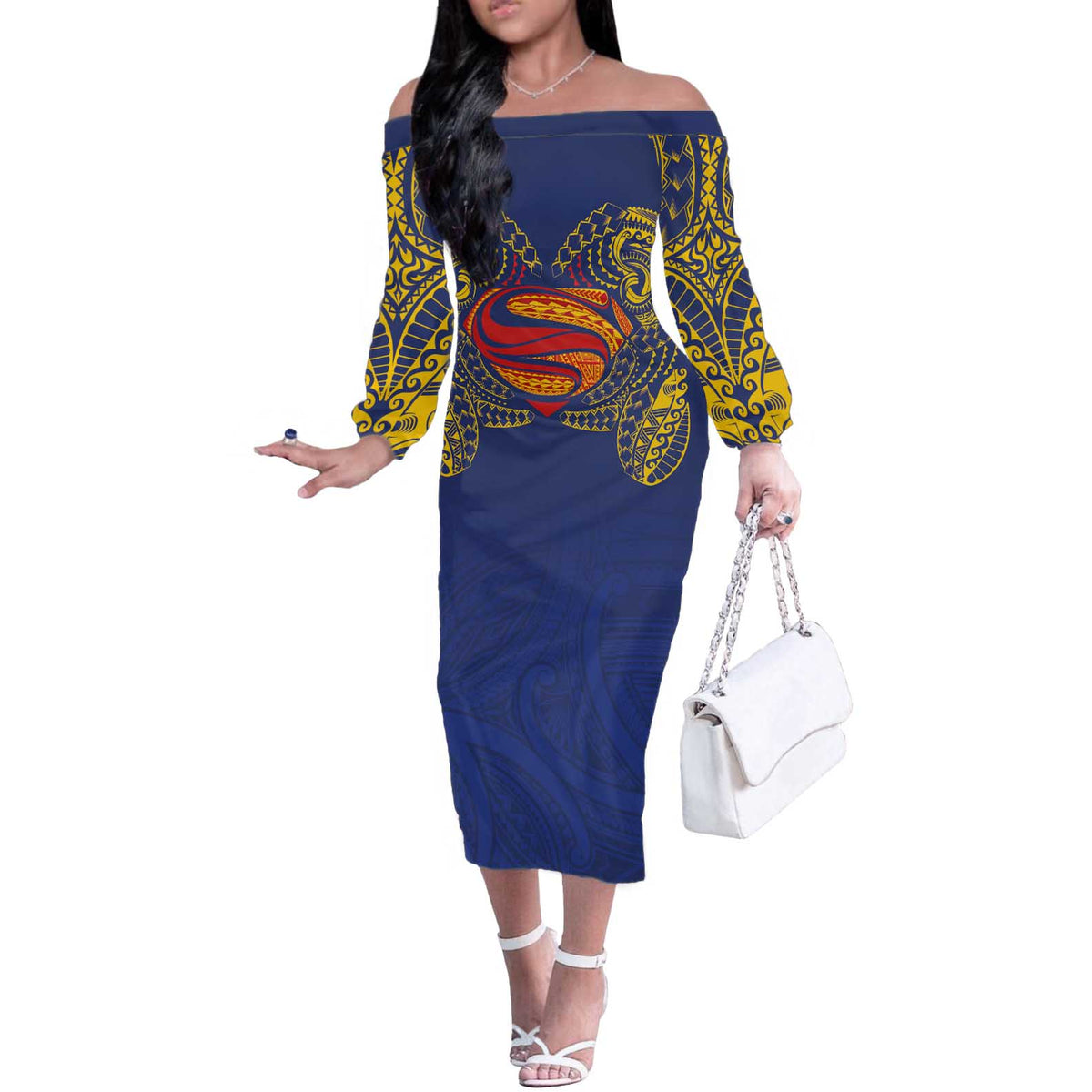 Super Samoan Traditional Tribal Art Tattoos Off The Shoulder Long Sleeve Dress Blue Color - Polynesian Pride