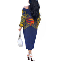 Super Samoan Traditional Tribal Art Tattoos Off The Shoulder Long Sleeve Dress Blue Color - Polynesian Pride