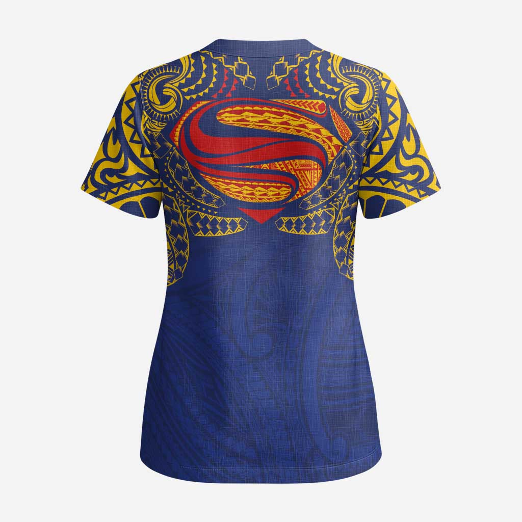 Super Samoan Traditional Tribal Art Tattoos Scrub Top Blue Color LT03 - Polynesian Pride