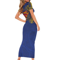 Super Samoan Traditional Tribal Art Tattoos Short Sleeve Bodycon Dress Blue Color - Polynesian Pride