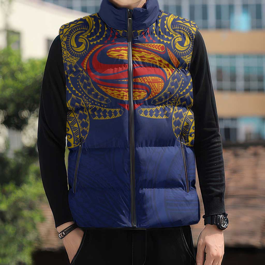 Super Samoan Traditional Tribal Art Tattoos Sleeveless Puffer Jacket Blue Color LT03 - Polynesian Pride