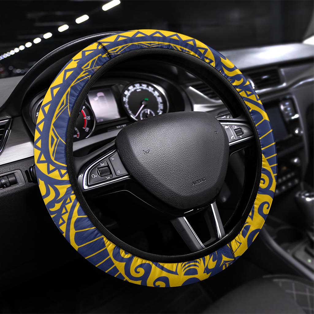 Super Samoan Traditional Tribal Art Tattoos Steering Wheel Cover Blue Color LT03 Universal Fit Blue - Polynesian Pride
