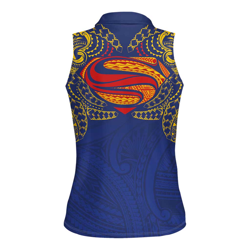 Super Samoan Traditional Tribal Art Tattoos Women Sleeveless Polo Shirt Blue Color LT03 - Polynesian Pride