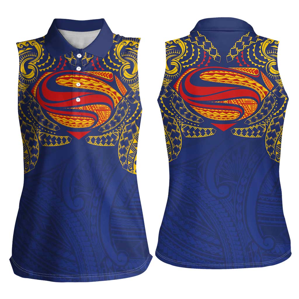 Super Samoan Traditional Tribal Art Tattoos Women Sleeveless Polo Shirt Blue Color LT03 - Polynesian Pride