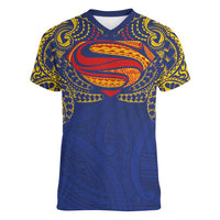 Super Samoan Traditional Tribal Art Tattoos Women V-Neck T-Shirt Blue Color - Polynesian Pride