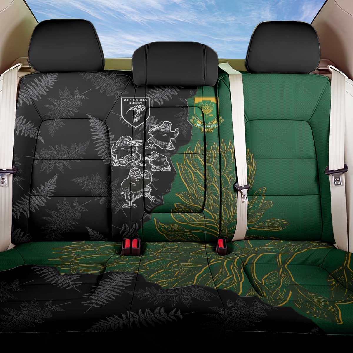 Aotearoa South Africa Rugby Freedom Cup Back Car Seat Cover Kiwi Warriors Haka with King Protea Symbol - Polynesian Pride