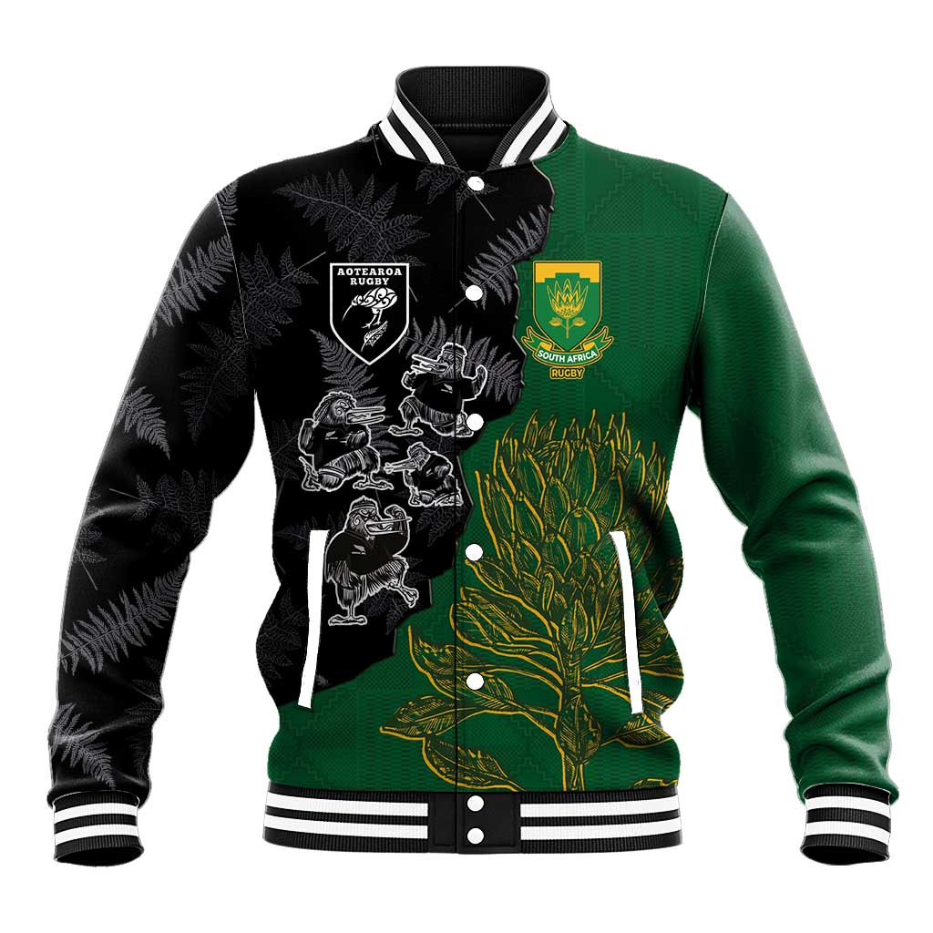 Custom Aotearoa South Africa Rugby Freedom Cup Baseball Jacket Kiwi Warriors Haka with King Protea Symbol - Polynesian Pride