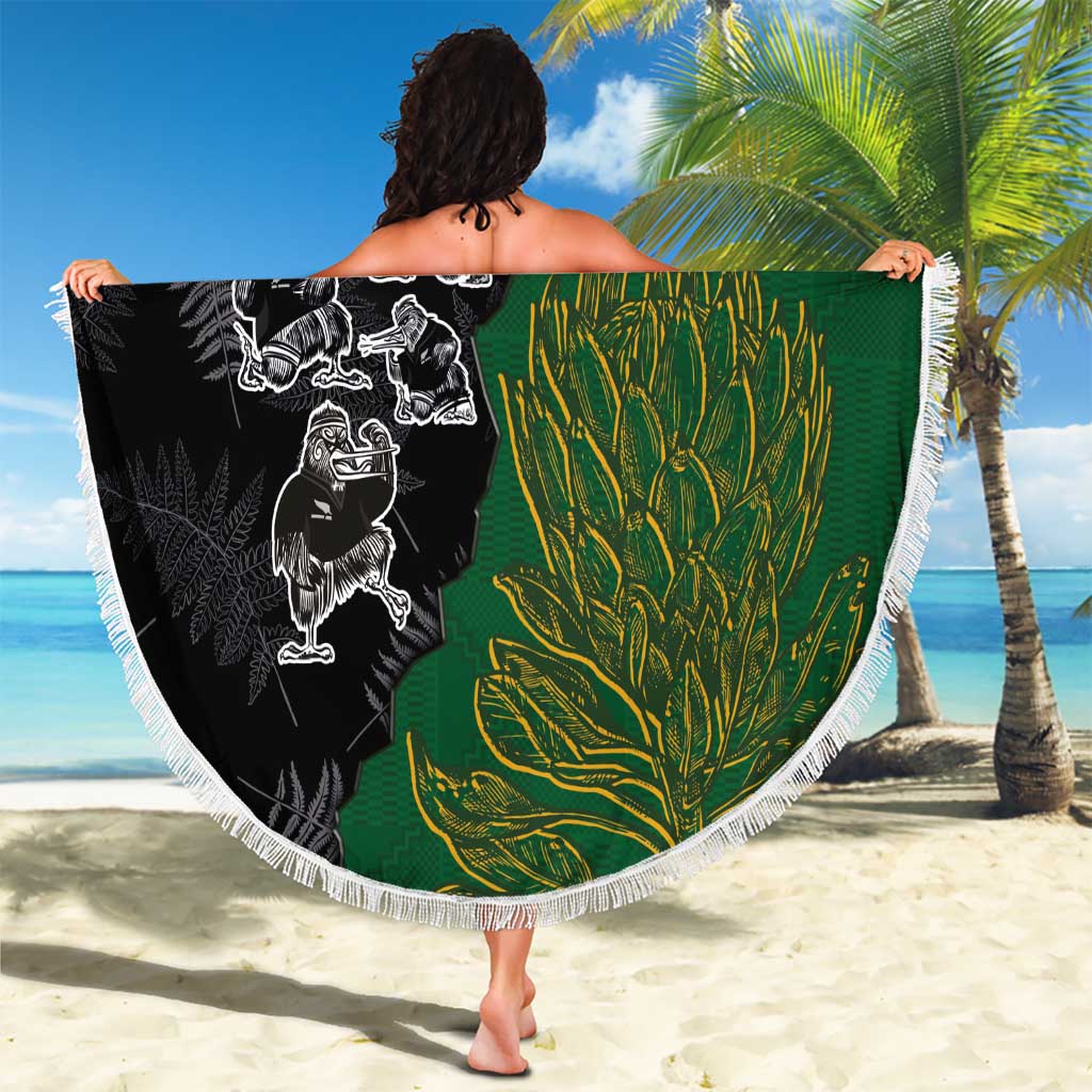 Aotearoa South Africa Rugby Freedom Cup Beach Blanket Kiwi Warriors Haka with King Protea Symbol LT03 - Polynesian Pride