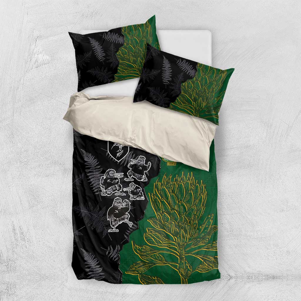 Aotearoa South Africa Rugby Freedom Cup Bedding Set Kiwi Warriors Haka with King Protea Symbol - Polynesian Pride