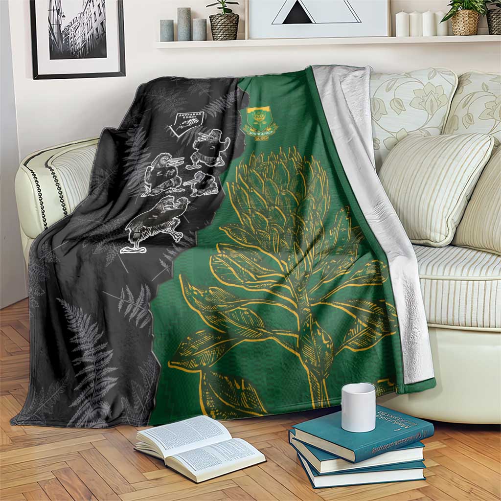 Aotearoa South Africa Rugby Freedom Cup Blanket Kiwi Warriors Haka with King Protea Symbol - Polynesian Pride