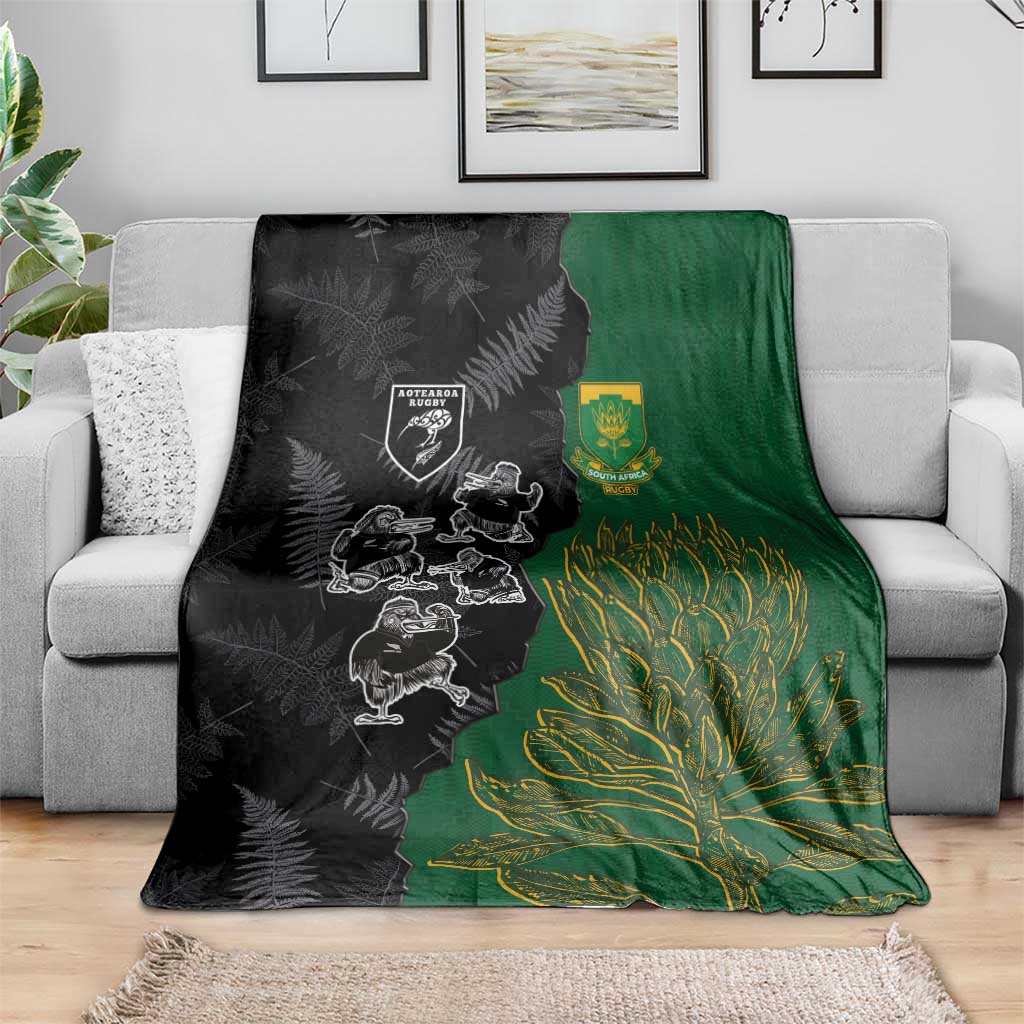 Aotearoa South Africa Rugby Freedom Cup Blanket Kiwi Warriors Haka with King Protea Symbol - Polynesian Pride