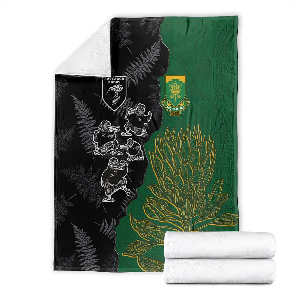 Aotearoa South Africa Rugby Freedom Cup Blanket Kiwi Warriors Haka with King Protea Symbol - Polynesian Pride
