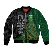Custom Aotearoa South Africa Rugby Freedom Cup Bomber Jacket Kiwi Warriors Haka with King Protea Symbol - Polynesian Pride