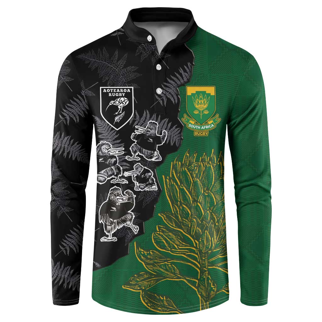 Custom Aotearoa South Africa Rugby Freedom Cup Button Sweatshirt Kiwi Warriors Haka with King Protea Symbol - Polynesian Pride