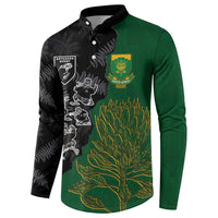 Custom Aotearoa South Africa Rugby Freedom Cup Button Sweatshirt Kiwi Warriors Haka with King Protea Symbol - Polynesian Pride