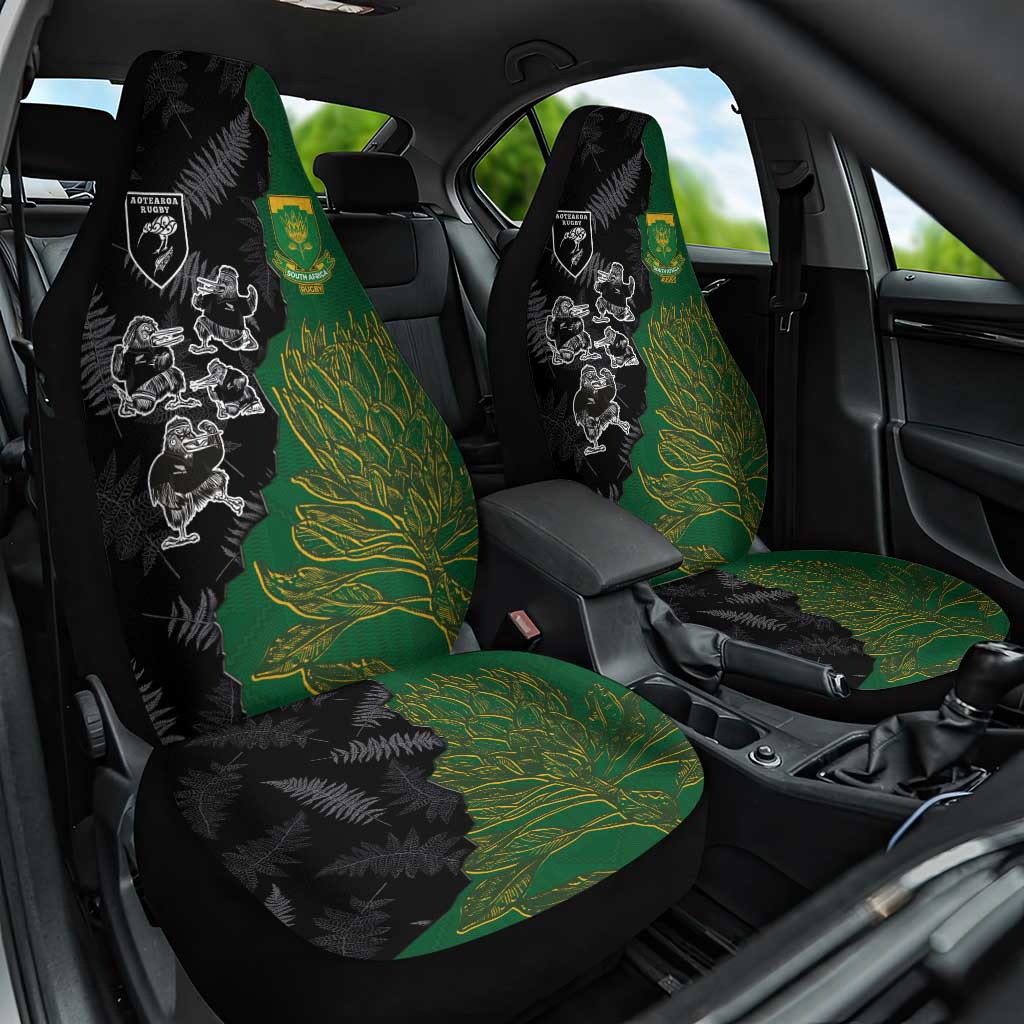 Aotearoa South Africa Rugby Freedom Cup Car Seat Cover Kiwi Warriors Haka with King Protea Symbol - Polynesian Pride