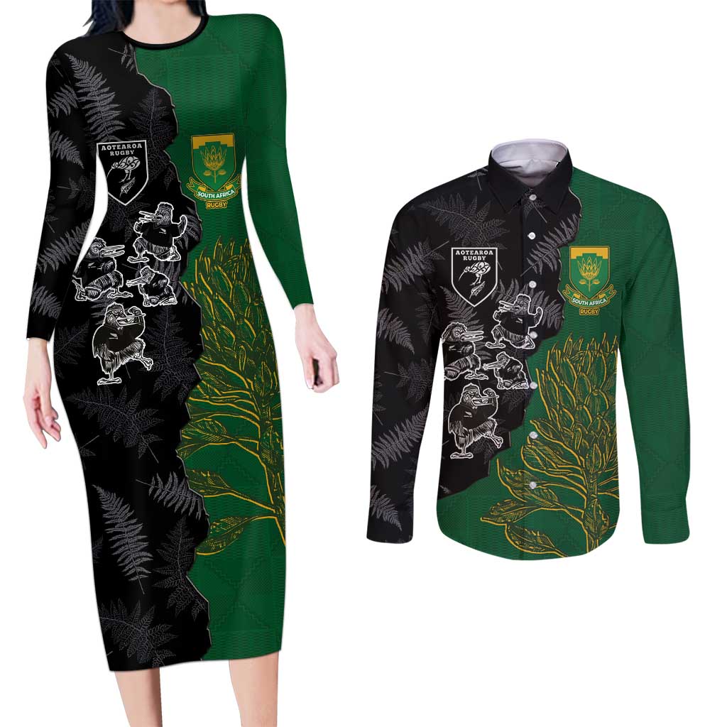 Custom Aotearoa South Africa Rugby Freedom Cup Couples Matching Long Sleeve Bodycon Dress and Long Sleeve Button Shirt Kiwi Warriors Haka with King Protea Symbol - Polynesian Pride