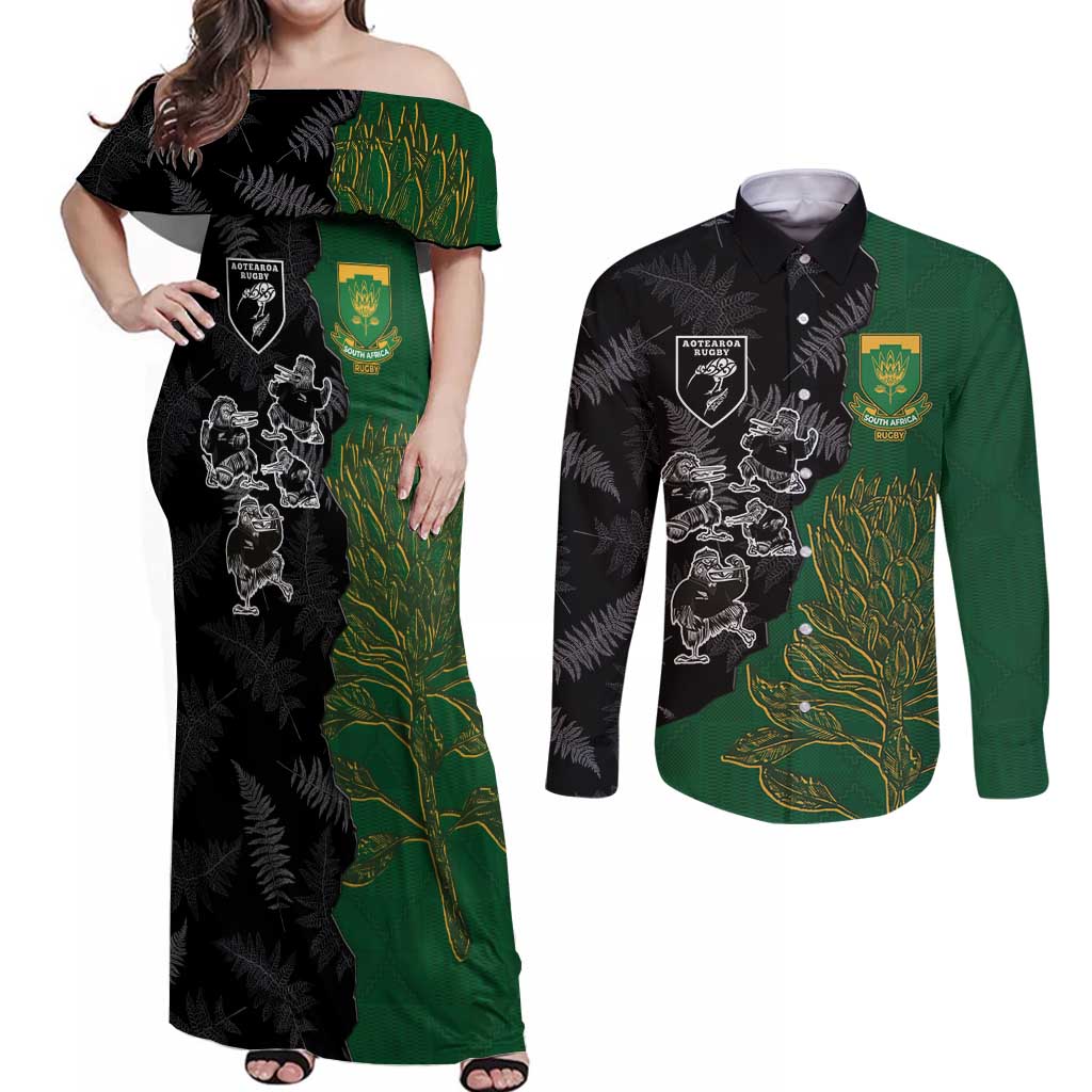 Custom Aotearoa South Africa Rugby Freedom Cup Couples Matching Off Shoulder Maxi Dress and Long Sleeve Button Shirt Kiwi Warriors Haka with King Protea Symbol - Polynesian Pride