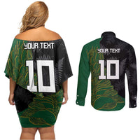 Custom Aotearoa South Africa Rugby Freedom Cup Couples Matching Off Shoulder Short Dress and Long Sleeve Button Shirt Kiwi Warriors Haka with King Protea Symbol - Polynesian Pride
