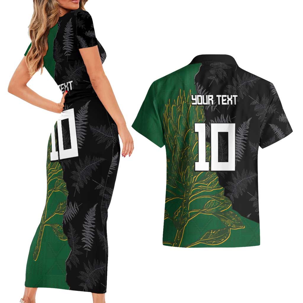 Custom Aotearoa South Africa Rugby Freedom Cup Couples Matching Short Sleeve Bodycon Dress and Hawaiian Shirt Kiwi Warriors Haka with King Protea Symbol - Polynesian Pride