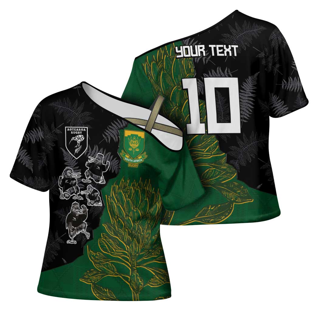 Custom Aotearoa South Africa Rugby Freedom Cup Cross Shoulder Shirt Kiwi Warriors Haka with King Protea Symbol - Polynesian Pride