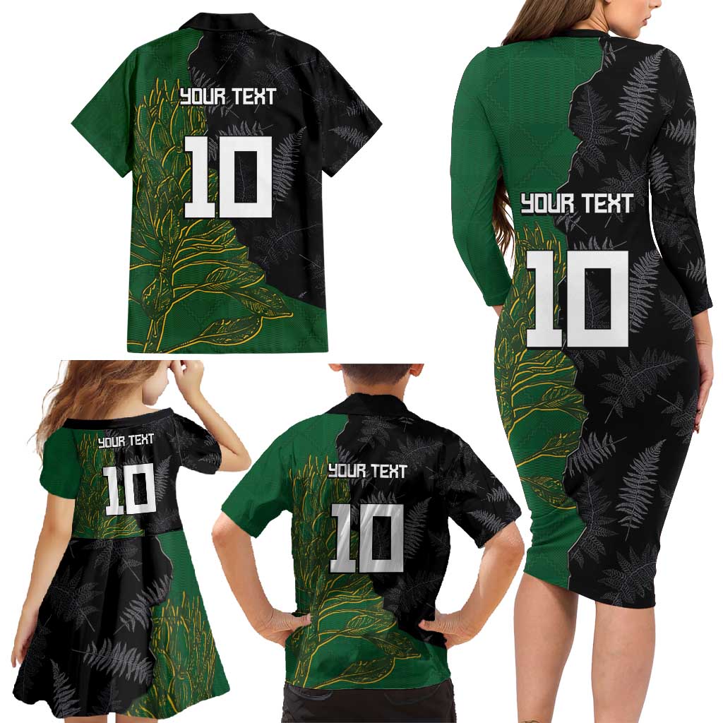 Custom Aotearoa South Africa Rugby Freedom Cup Family Matching Long Sleeve Bodycon Dress and Hawaiian Shirt Kiwi Warriors Haka with King Protea Symbol - Polynesian Pride