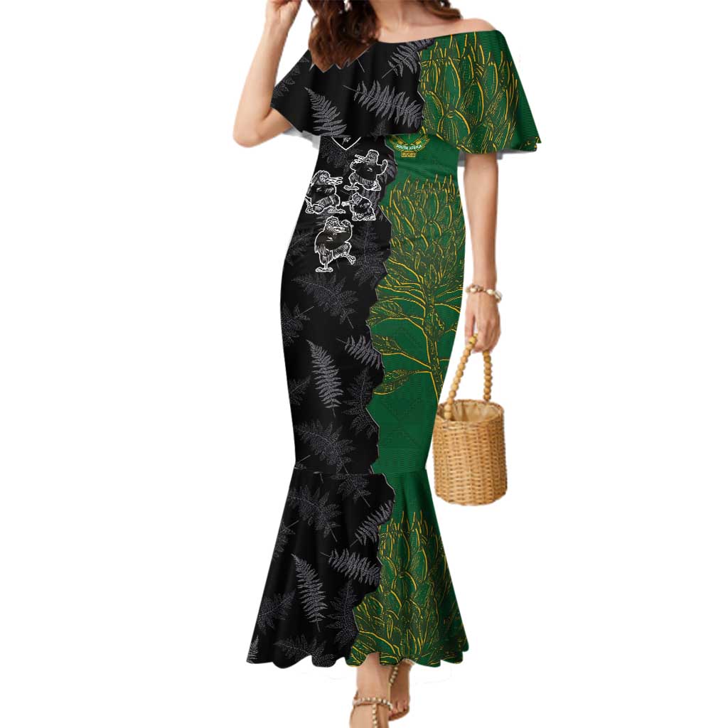 Custom Aotearoa South Africa Rugby Freedom Cup Family Matching Mermaid Dress and Hawaiian Shirt Kiwi Warriors Haka with King Protea Symbol - Polynesian Pride